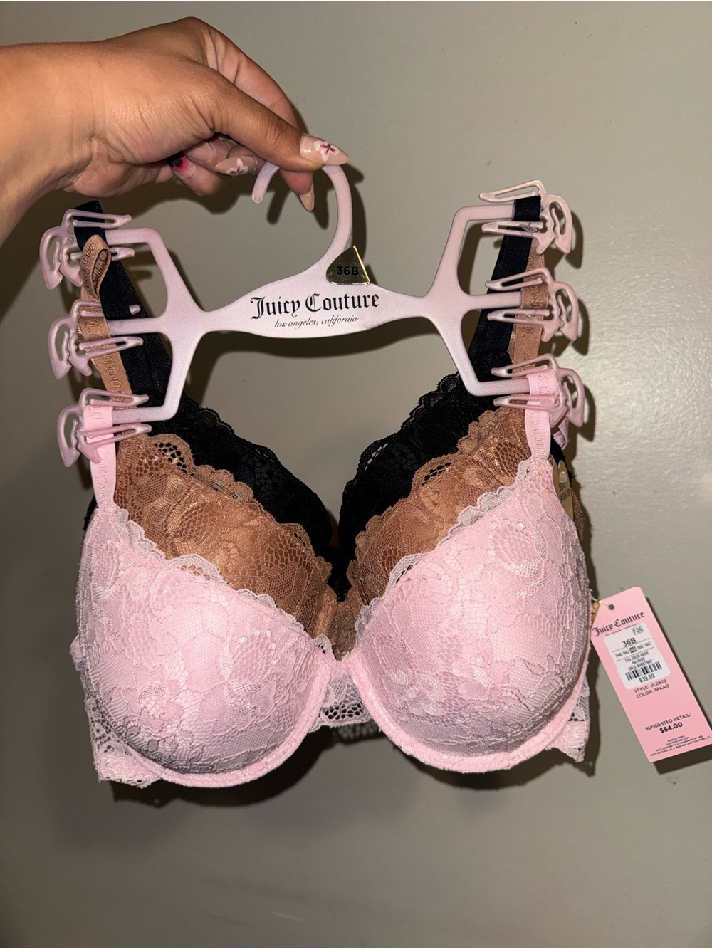 Juicy Couture Lace Bra Set in Pink, Brown & Black 3 pack